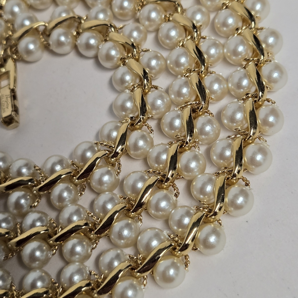 Vntg Napier Gold & Double Row Pearl Necklace w/Fold Over Clasp EUC 25" - Picture 6 of 6